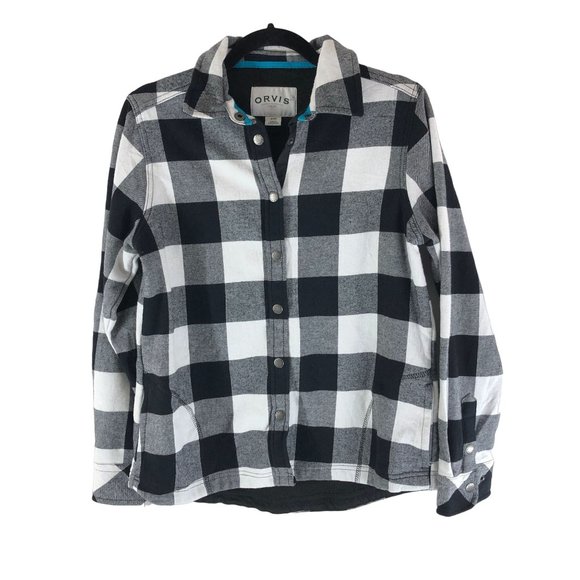 Orvis Womens Flannel Shirt Jacket Shaket 100% Cotton Snap Button Black White S - Picture 1 of 4